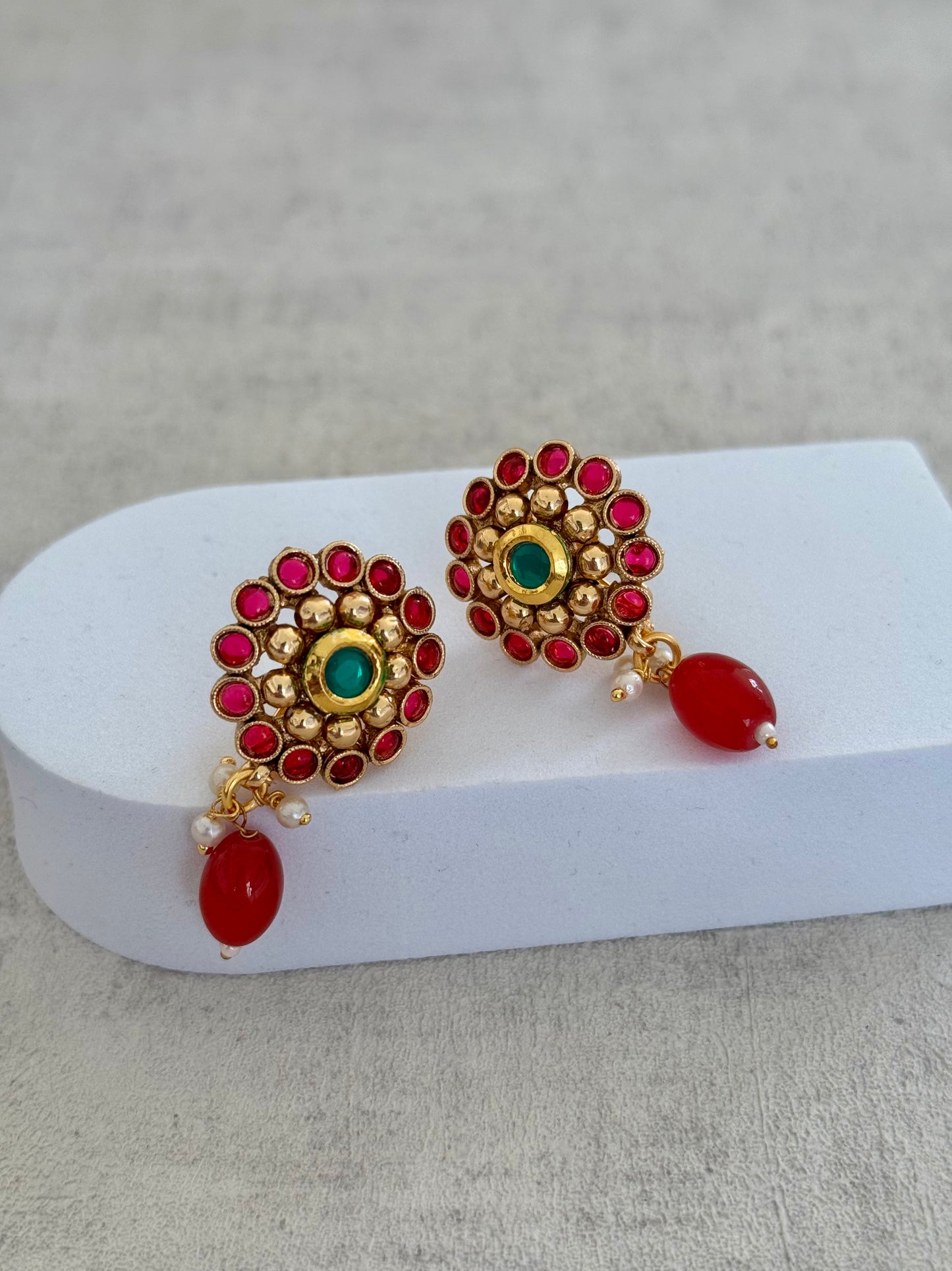 Ayura Designs Ziya Set – Gold, Ruby Red & Emerald Green with Stud Earrings