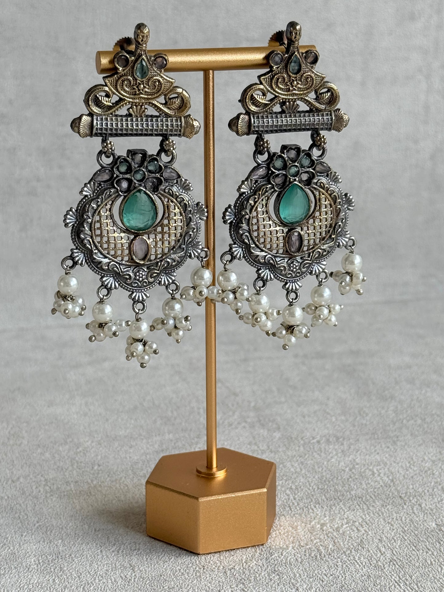 Ayura Designs Haya Earrings – Oxidised Statement Earrings with Aqua & Blush Stone Detailing