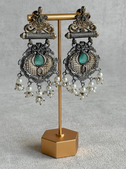 Ayura Designs Haya Earrings – Oxidised Statement Earrings with Aqua & Blush Stone Detailing