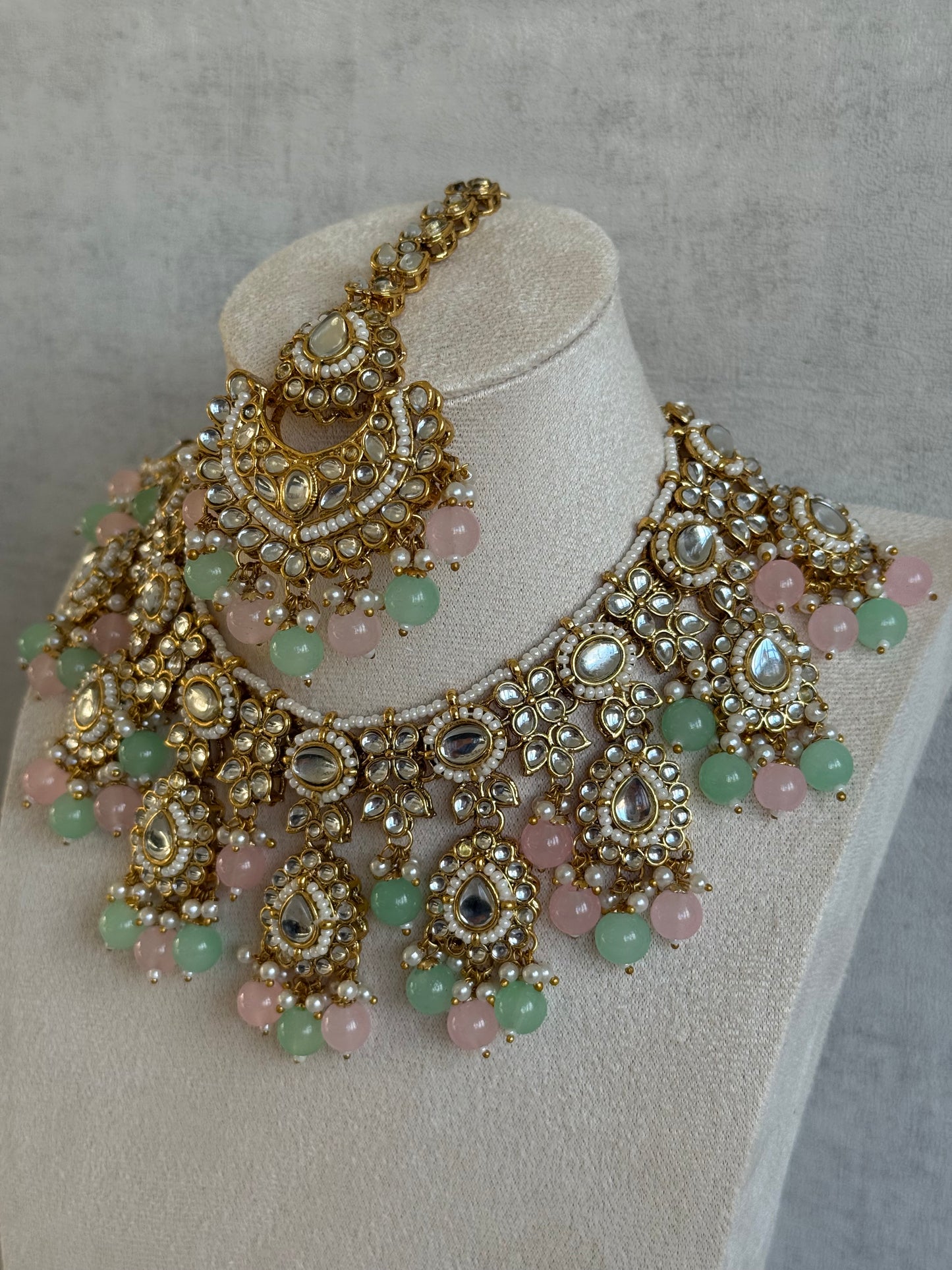 Ayura Designs Iyla Set with Necklace, Earrings & Tikka – Kundan Detailing, Ivory Pearl Drops & Mint & Blush Beads