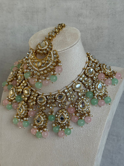 Ayura Designs Iyla Set with Necklace, Earrings & Tikka – Kundan Detailing, Ivory Pearl Drops & Mint & Blush Beads