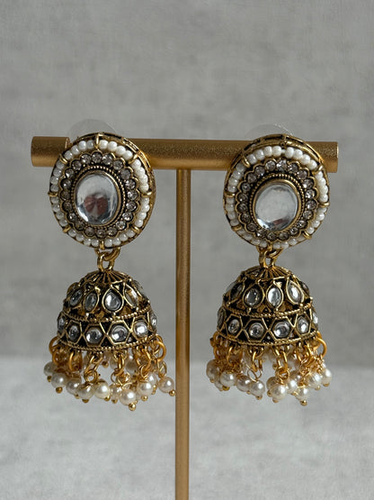 Ayura Designs Muskaan Set – Choker, Jhumkis & Tikka with Ivory Pearls, Mirror-Cut Kundan Stones & Antique Gold Finish