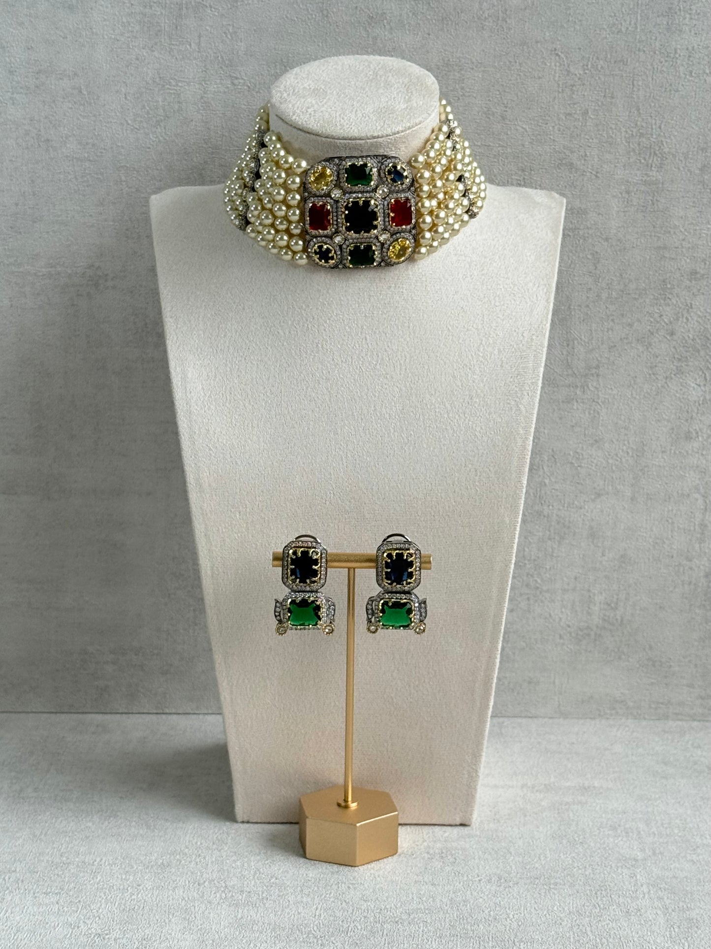 Ayura Designs Amelia Choker Set with Earrings – Moissanite Stonework with Layered Pearls in Antique Silver Finish (Deep Jewel Tones)