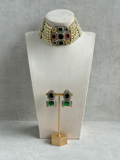 Ayura Designs Amelia Choker Set with Earrings – Moissanite Stonework with Layered Pearls in Antique Silver Finish (Deep Jewel Tones)