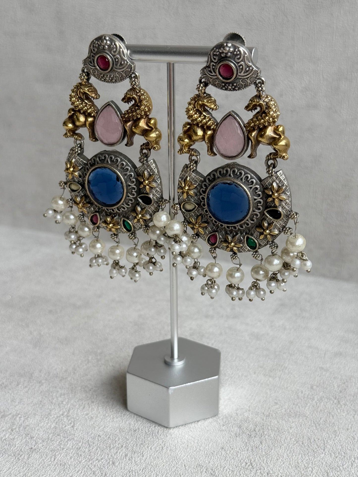 Ayura Designs Aangan Earrings – Dual Tone Oxidised Statement Earrings with Multicolour Stones & Pearl Clusters