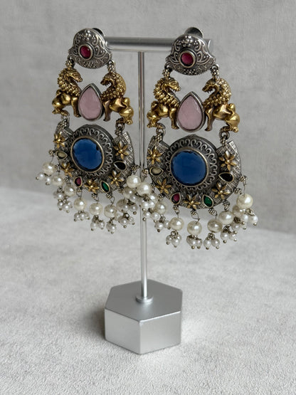 Ayura Designs Aangan Earrings – Dual Tone Oxidised Statement Earrings with Multicolour Stones & Pearl Clusters
