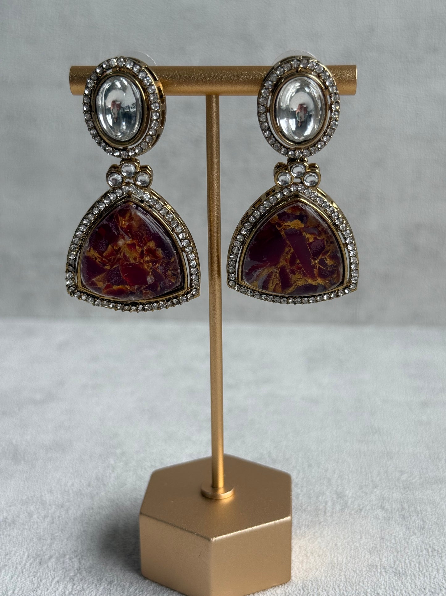 Ayura Designs Florence Earrings – mirror cut studs with Burnt Crimson Marble Resin & Crystal Borders