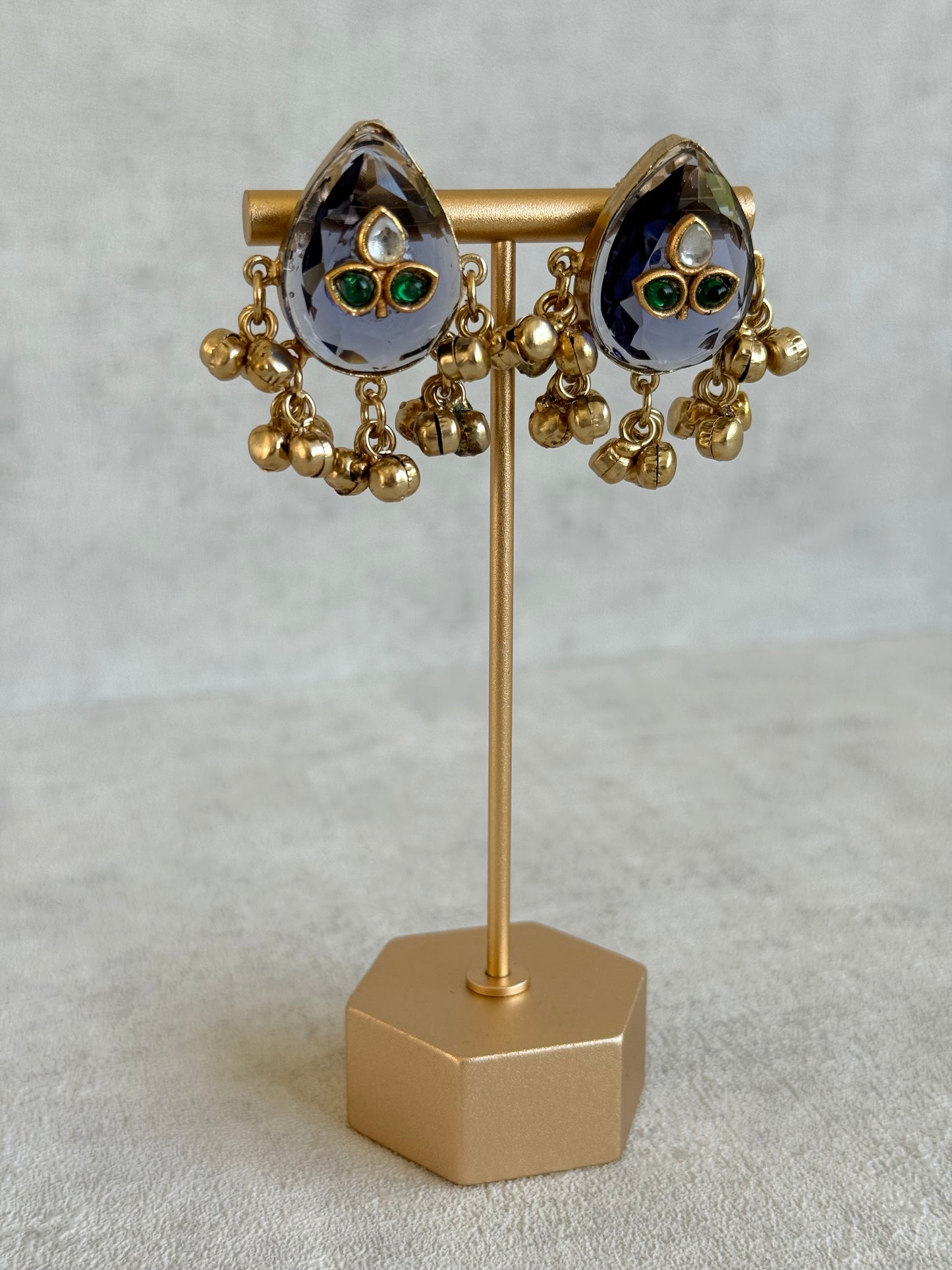Ayura Designs Aykai Earrings – Smoky Blue Teardrop Stud Earrings with Green Kundan Stones & Gold Ghungroo Drops