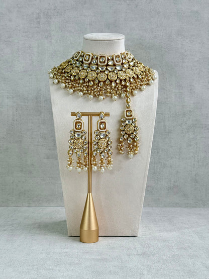Ayura Designs Suhana Bridal Set with Necklace, Earrings & Tikka – Kundan Stones with Pearl Detailing in Antique Gold Finish
