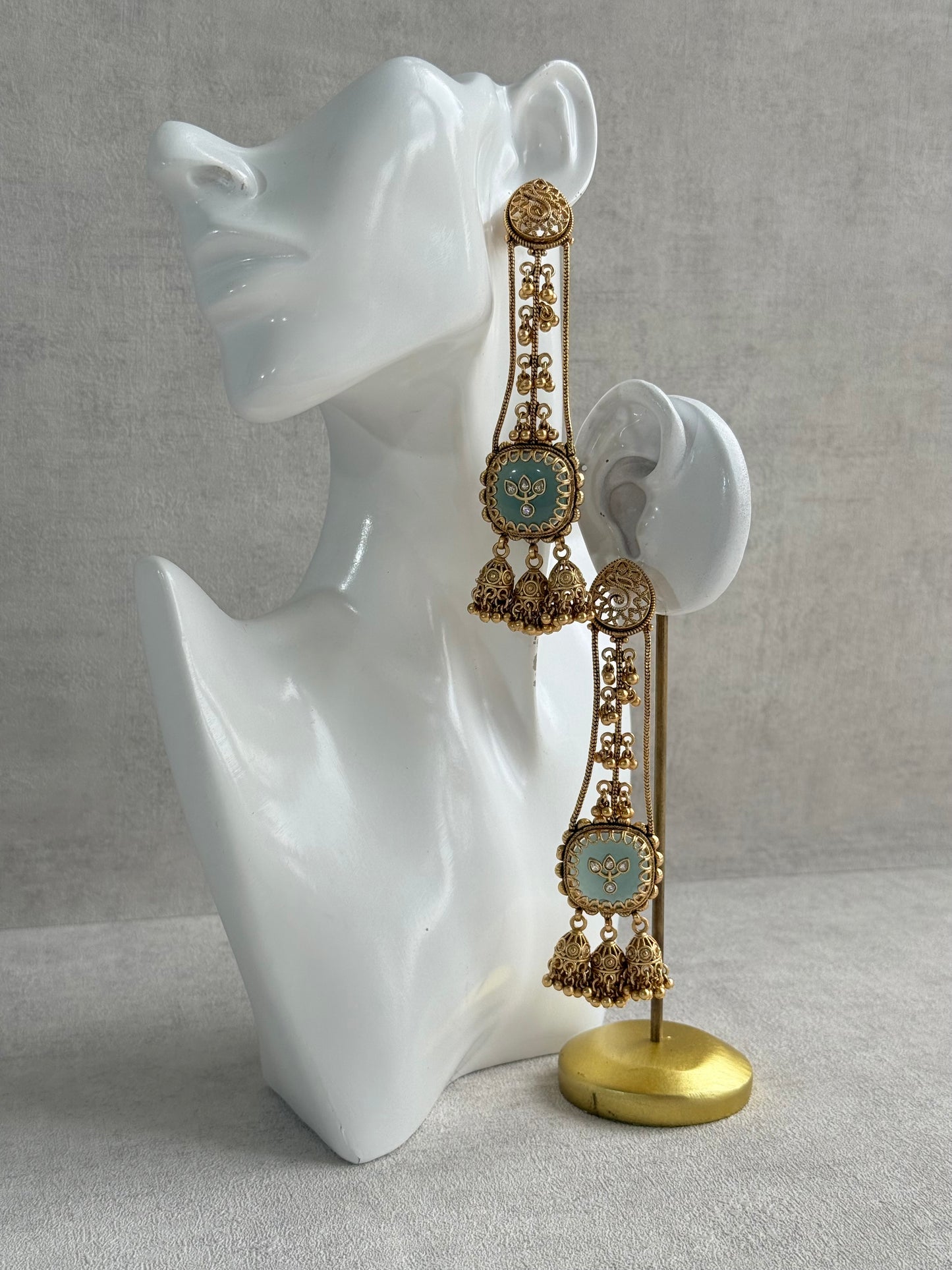 Ayura Designs Ihana Earrings – Mint Green Enamel with Kundan, Ghungroo & Jhumki Detailing