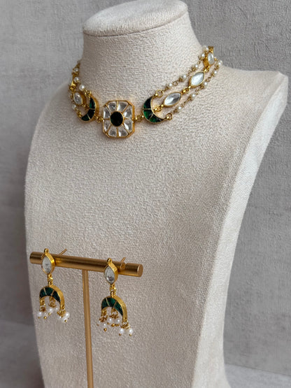 Ayura Designs Mahi Choker Set with Earrings – Meenakari Kundan Emerald Green & Ivory Detailing