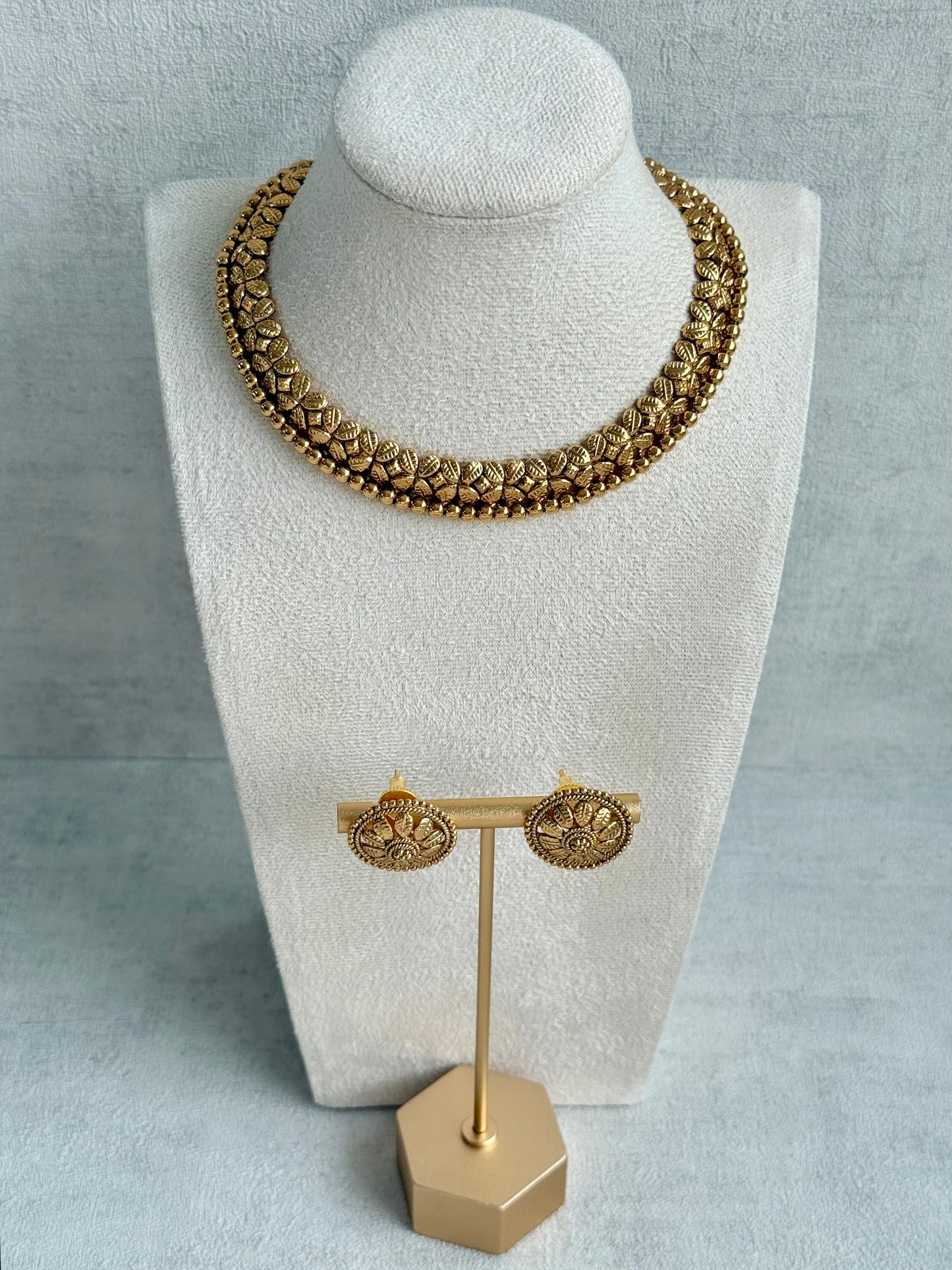 Ayura Designs Sathya Necklace Set with Stud Earrings – Antique Gold Temple Style with Textured Beadwork