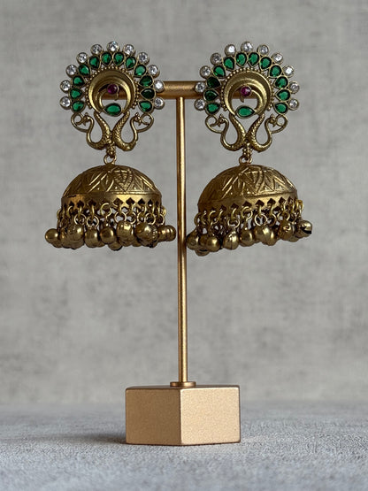 Ayura Designs Moraya Jhumkis – Emerald Green Peacock Motif with Antique Gold Detailing