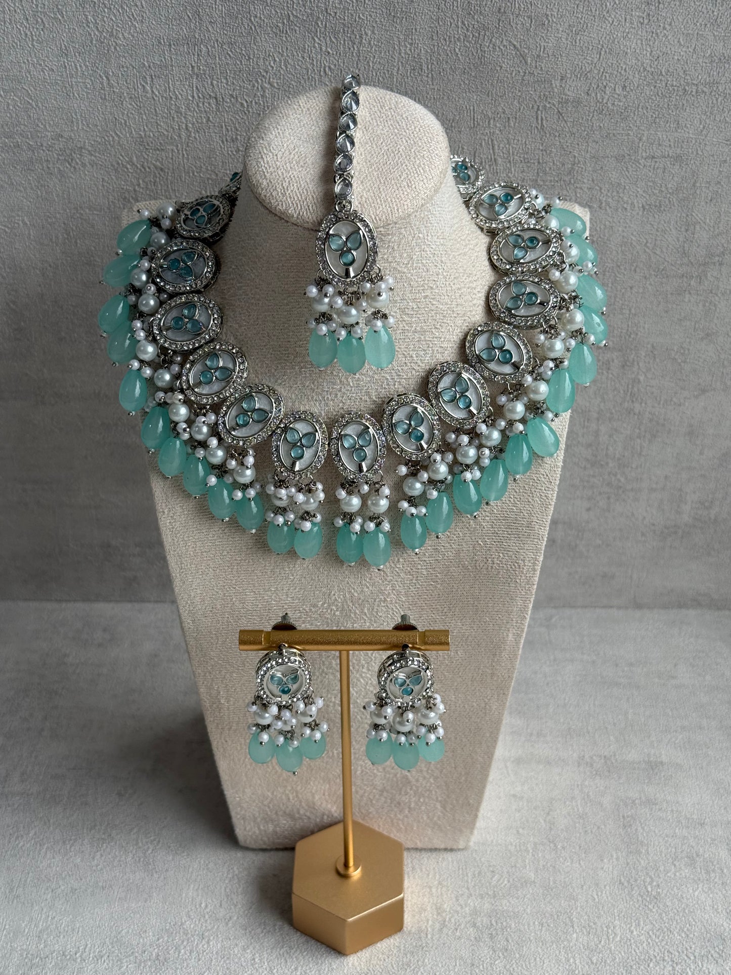 Ayura Designs Linza Set – Necklace, Earrings & Tikka in Aqua Blue & Pearl with Silver Finish