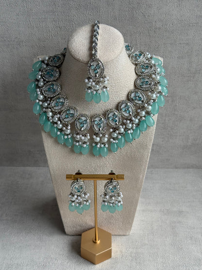 Ayura Designs Linza Set – Necklace, Earrings & Tikka in Aqua Blue & Pearl with Silver Finish
