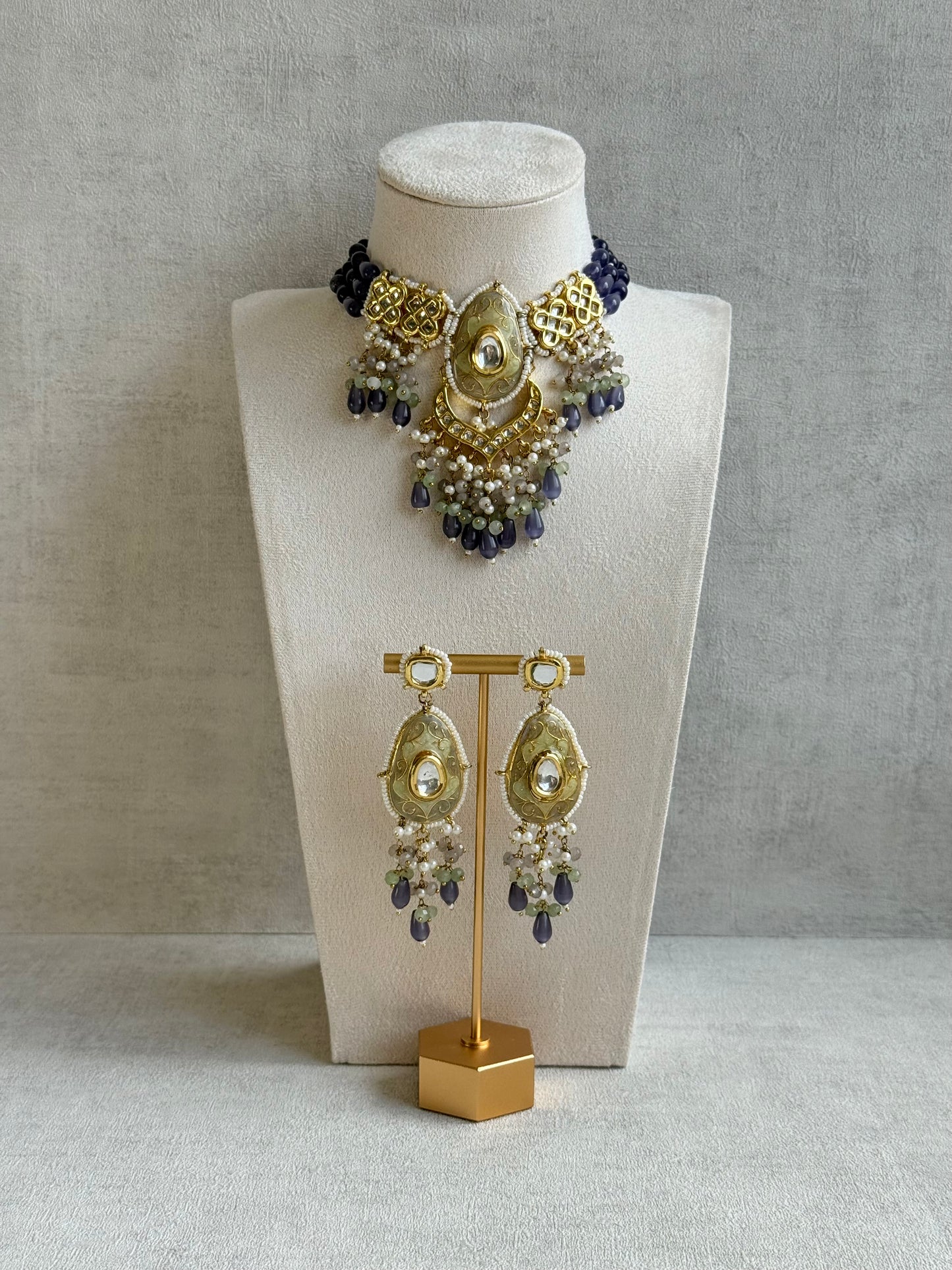 Ayura Designs Zarwali Meenakari Kundan Choker Set with Earrings – Dusty Lavender & Pearl Bead Detailing