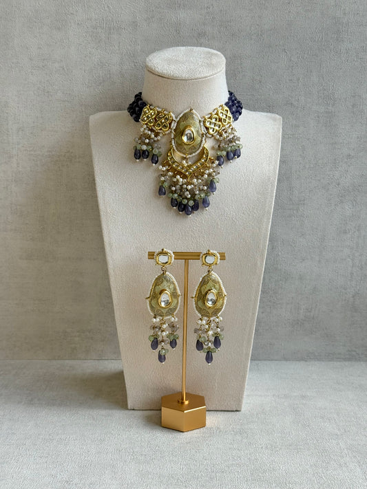 Ayura Designs Zarwali Meenakari Kundan Choker Set with Earrings – Dusty Lavender & Pearl Bead Detailing