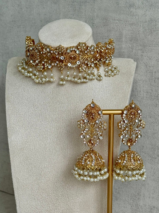 Ayura Designs Afsana Choker Set with Jhumkis – Mirror-Cut Polki, Ivory Pearls & Antique Gold Finish