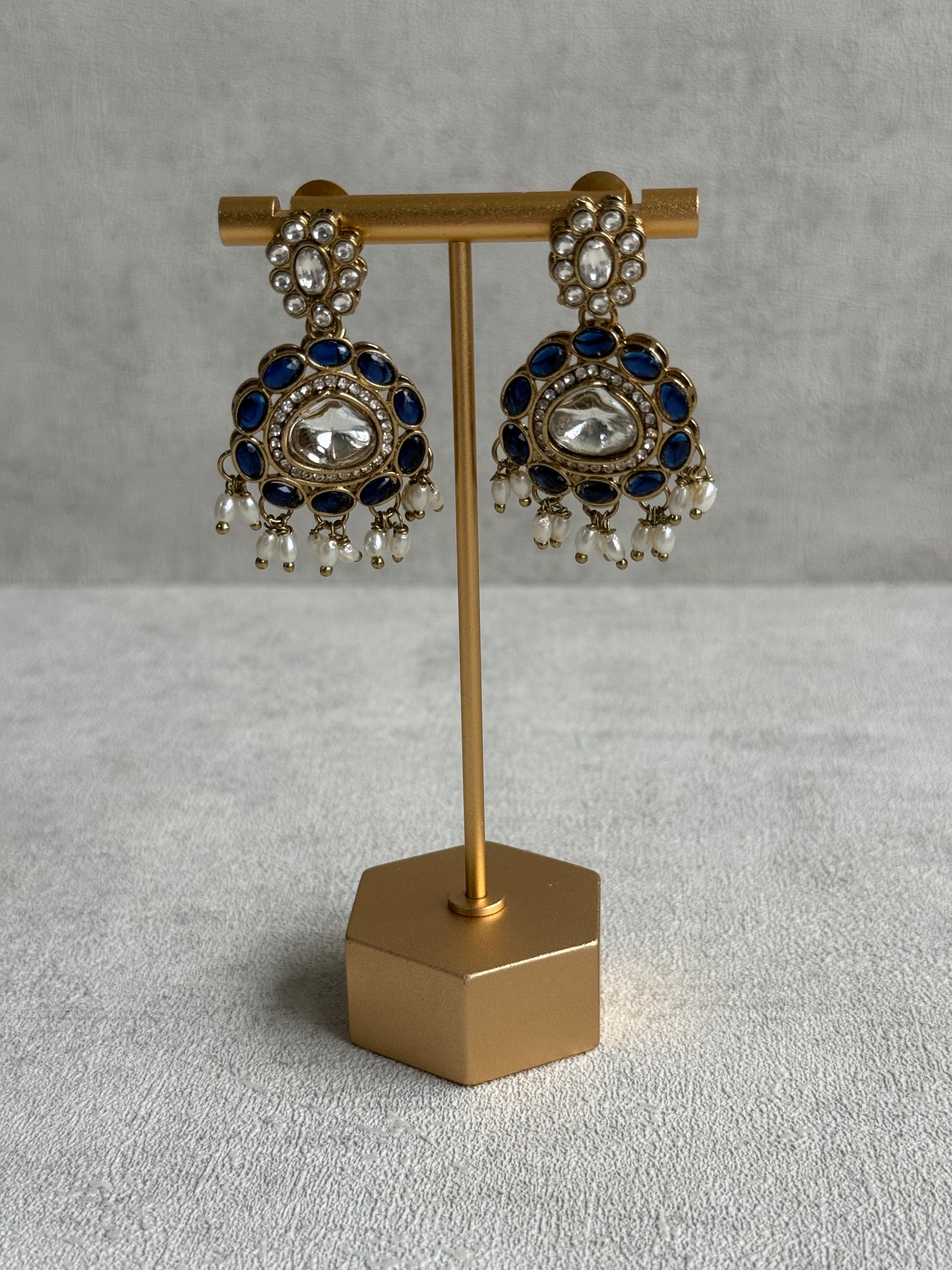 Ayura Designs Warda Set with Earrings & Tikka – Ink Blue Ovals, Mirror-Cut Stones & Ivory Pearls