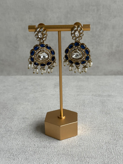 Ayura Designs Warda Set with Earrings & Tikka – Ink Blue Ovals, Mirror-Cut Stones & Ivory Pearls