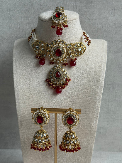 Ayura Designs Muskaan Set – Choker, Jhumkis & Tikka with Ruby Red Beads, Kundan Stones & Antique Gold Finish