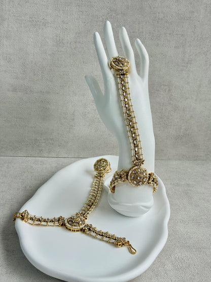 Ayura Designs Mirana Haathphool – Kundan Hand Harness with Pearl Detailing in Antique Gold Finish