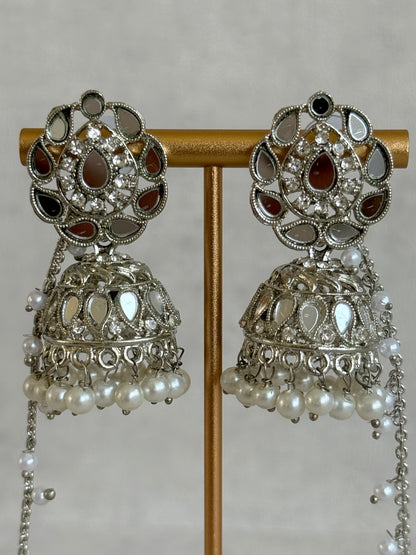 Ayura Designs Mira Jhumkis – Silver Mirror-Cut Earrings with Detachable Single-Layer Pearl Sahare