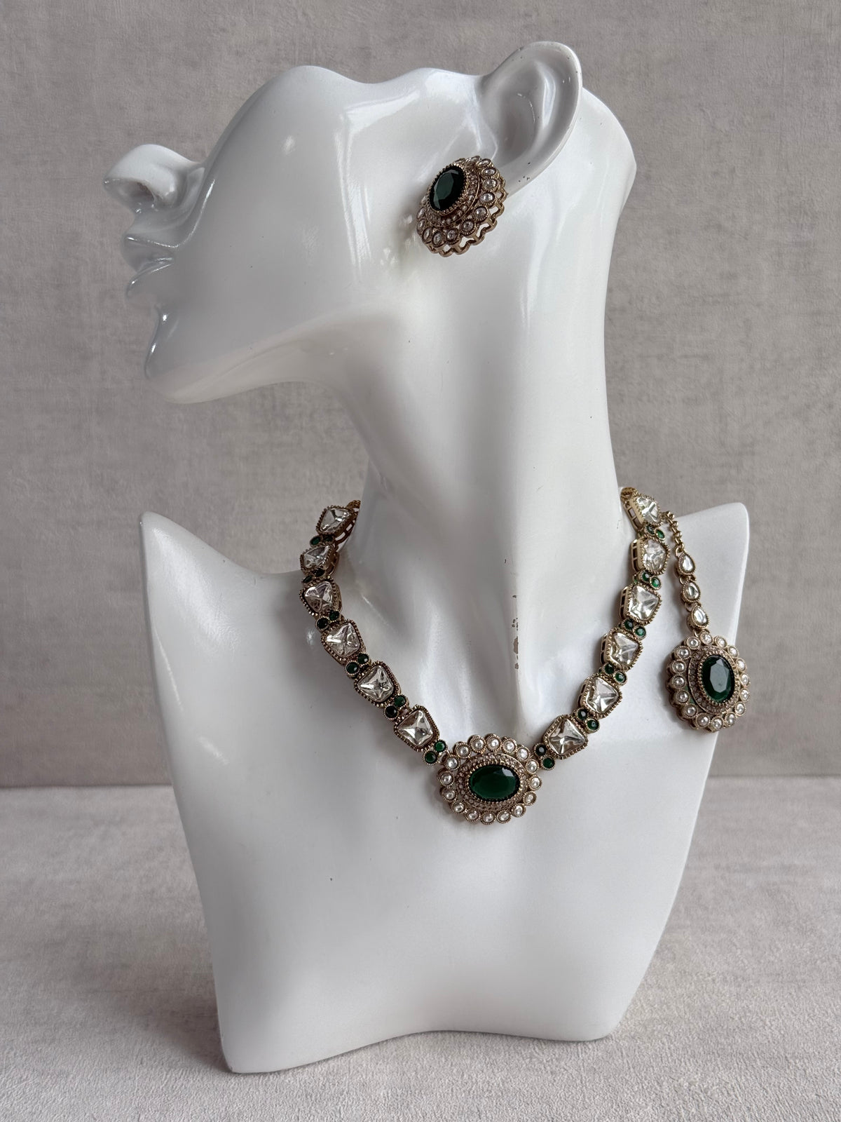 Ayura Designs Inza Necklace Set – Emerald Green Stones, Kundan & Crystals with Antique Gold Finish