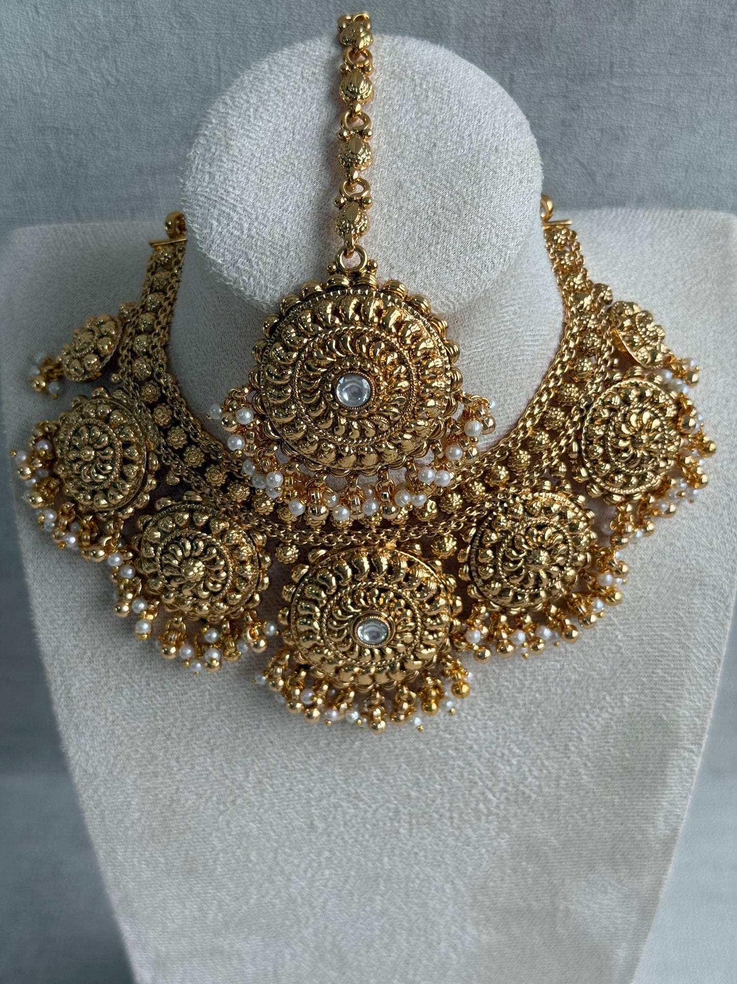Ayura Designs Rummy Set – Statement Necklace, Earrings & Tikka with Ivory Pearls and Polished Gold Finish