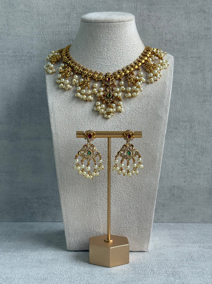 Ayura Designs Tanvi Set – Antique Gold Necklace & Earrings with Kundan, Ruby, Emerald & Pearl Detailing