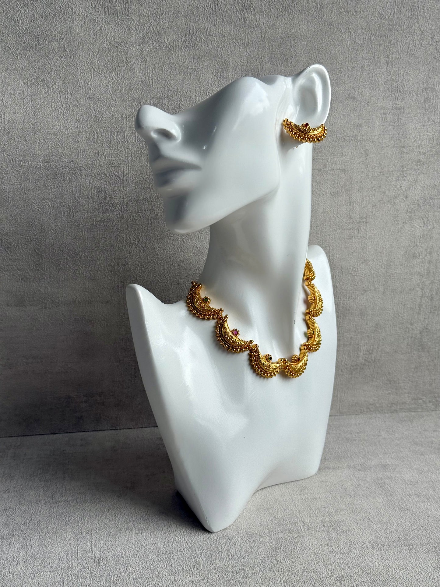 Ayura Designs Dhun Set – Necklace & Earrings with Antique Gold Crescent Motifs, Rani Pink & Emerald Detailing