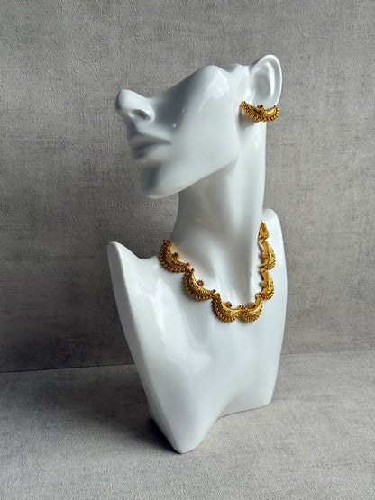 Ayura Designs Dhun Set – Necklace & Earrings with Antique Gold Crescent Motifs, Rani Pink & Emerald Detailing