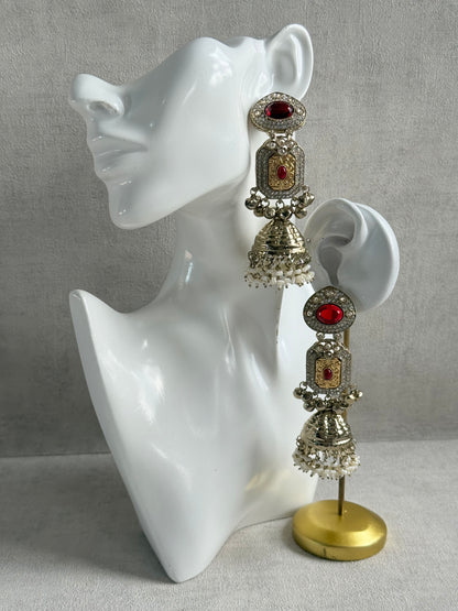 Ayura Designs Maara Jhumkis – Champagne Gold with Ruby Red Stones, Crystals, Ghungroos & Pearl Detailing