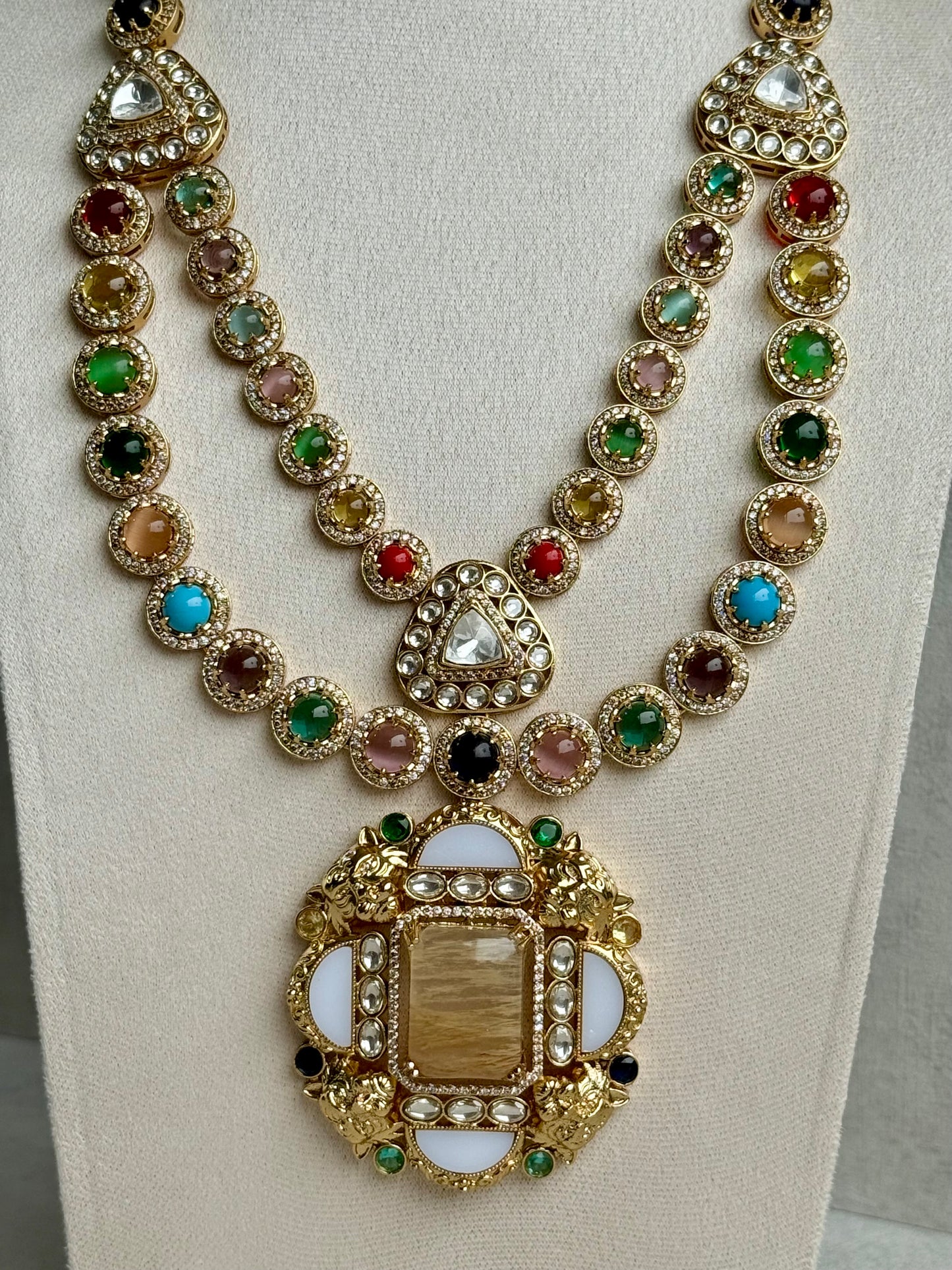 Ayura Designs Daphne Necklace Set with Statement Earrings – Gold Finish with Moissanite-Style Stones & Multicolour Accents