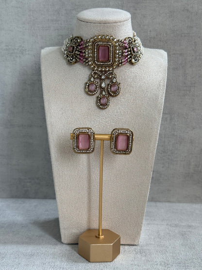 Ayura Designs Nabiha Choker Set with Studs – Blush Pink Stones, Pearl Detailing & Antique Gold Finish