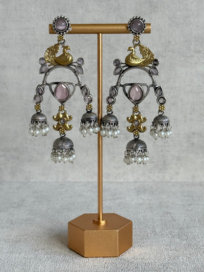 Ayura Designs Mehrza Earrings – Oxidised Peacock Motif Statement Earrings with Pearl Jhumkis & Blush Pink Stones