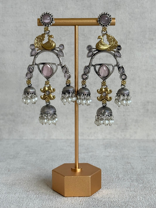 Ayura Designs Mehrza Earrings – Oxidised Peacock Motif Statement Earrings with Pearl Jhumkis & Blush Pink Stones