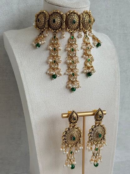 Ayura Designs Kabini Choker Set with Earrings – Gold Kundan Waterfall Choker with Emerald Green Beads & Pearls