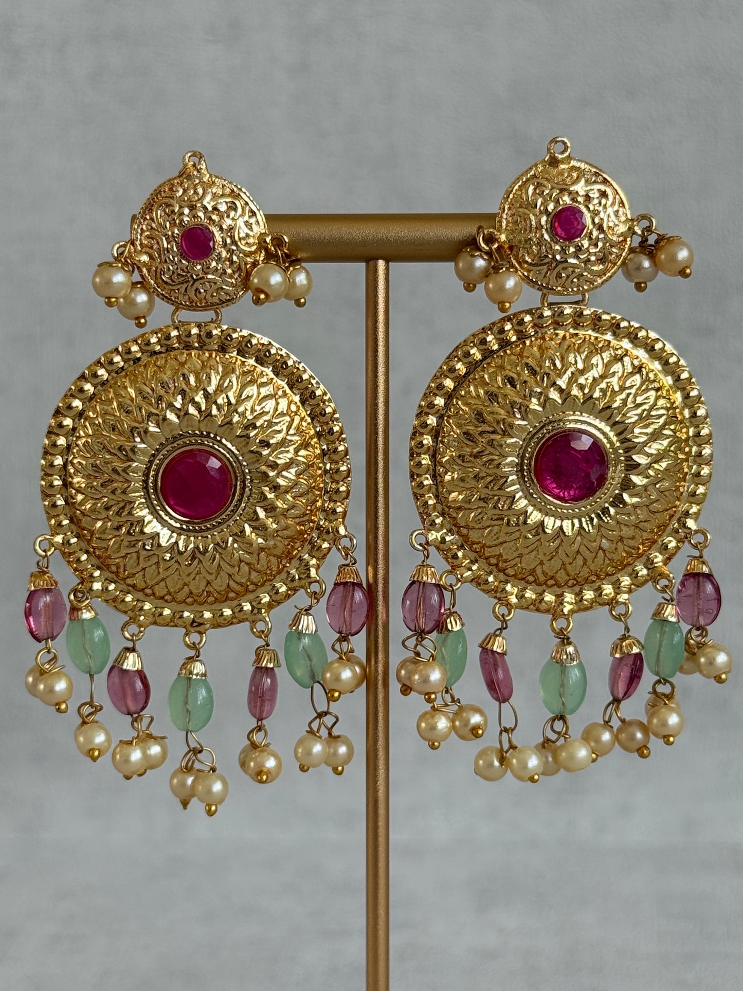 Ayura Designs Jyoti Set with Earrings & Tikka – Gold Disc Necklace with Ruby Pink, Mint Green & Pearl Detailing