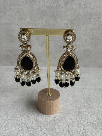 Ayura Designs Nageen Earrings – Antique Gold Jhumkis with Black Stones, Mirror-Cut Accents & Pearl Drops