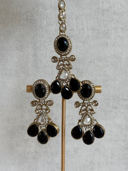 Ayura Designs Ava Necklace Set with Earrings & Tikka – Black Stone & Mirror-Cut Necklace Set in Antique Gold Finish