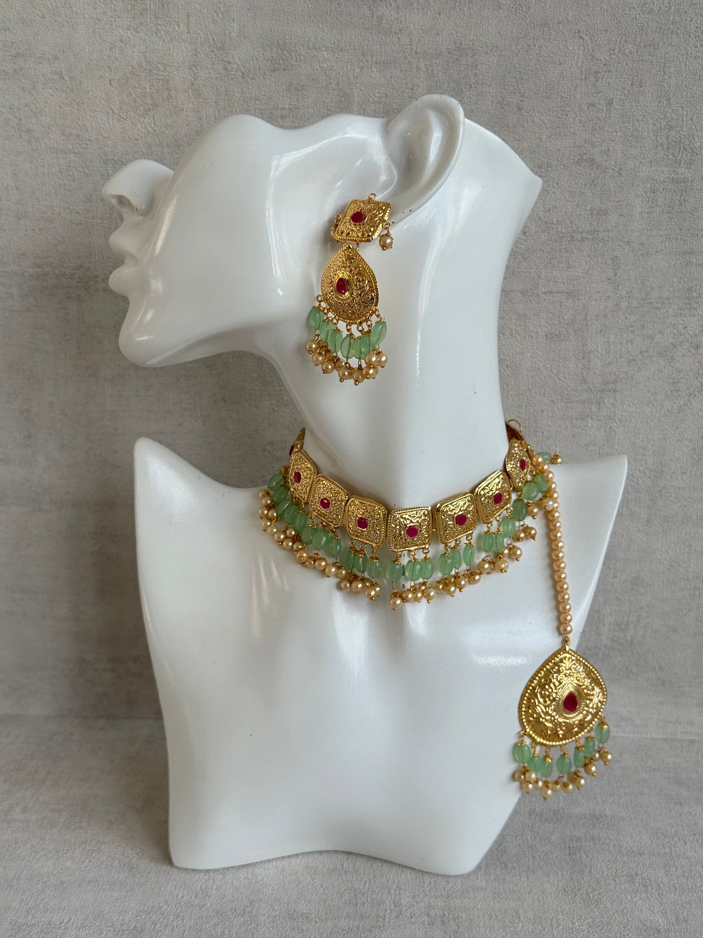Ayura Designs Chetna Choker Set with Earrings & Tikka – Mint Green Beads, Cream Pearl Drops with Pipal Patti Detailing