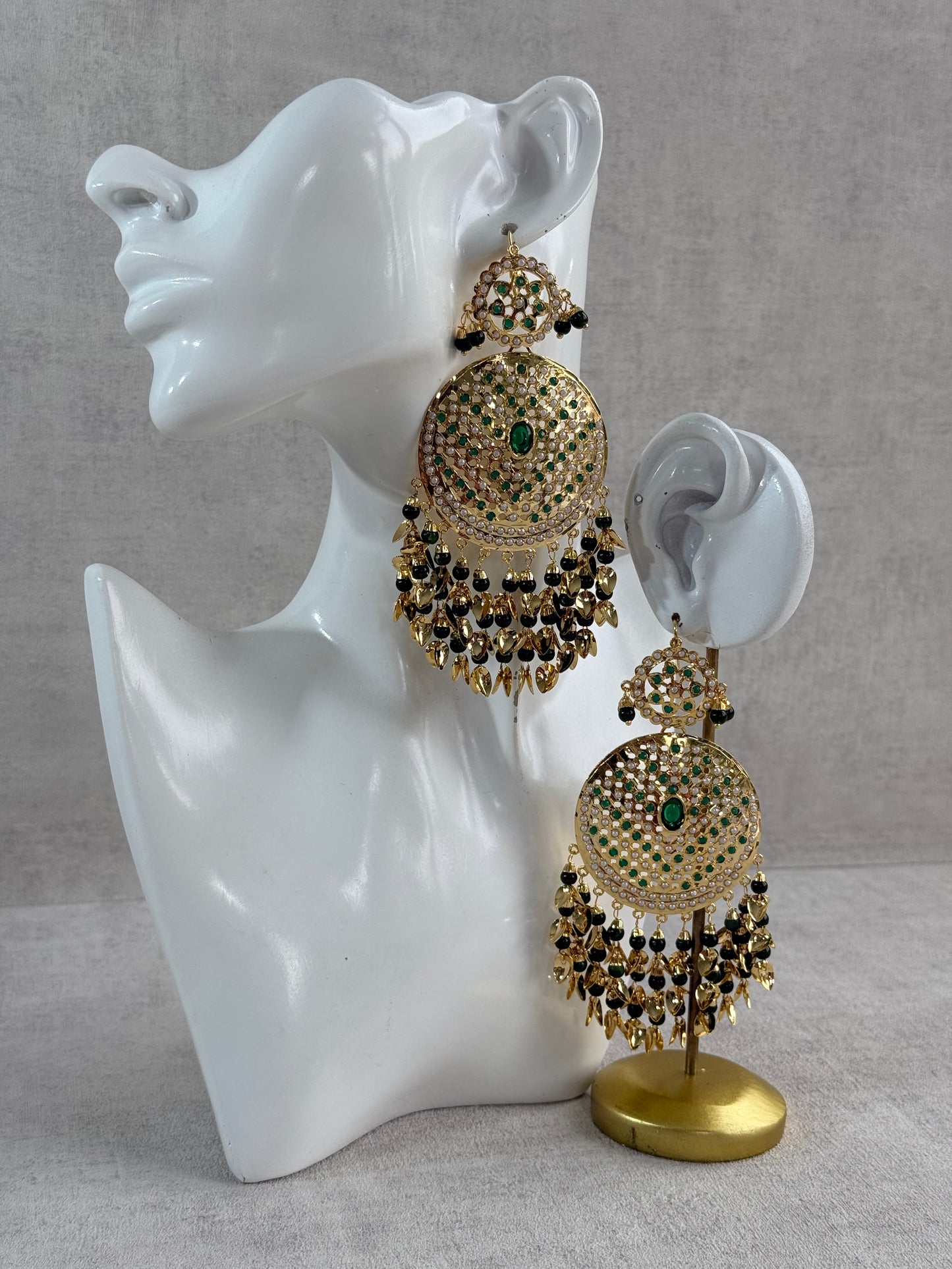 Ayura Designs Seerat Earrings – Emerald Green Gold Pippal Patti Design with Pearls