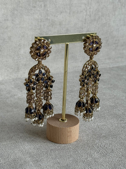 Ayura Designs Soraya Earrings – Ink Blue Stones, Champagne Crystals, Pearl Detailing & Gold Finish