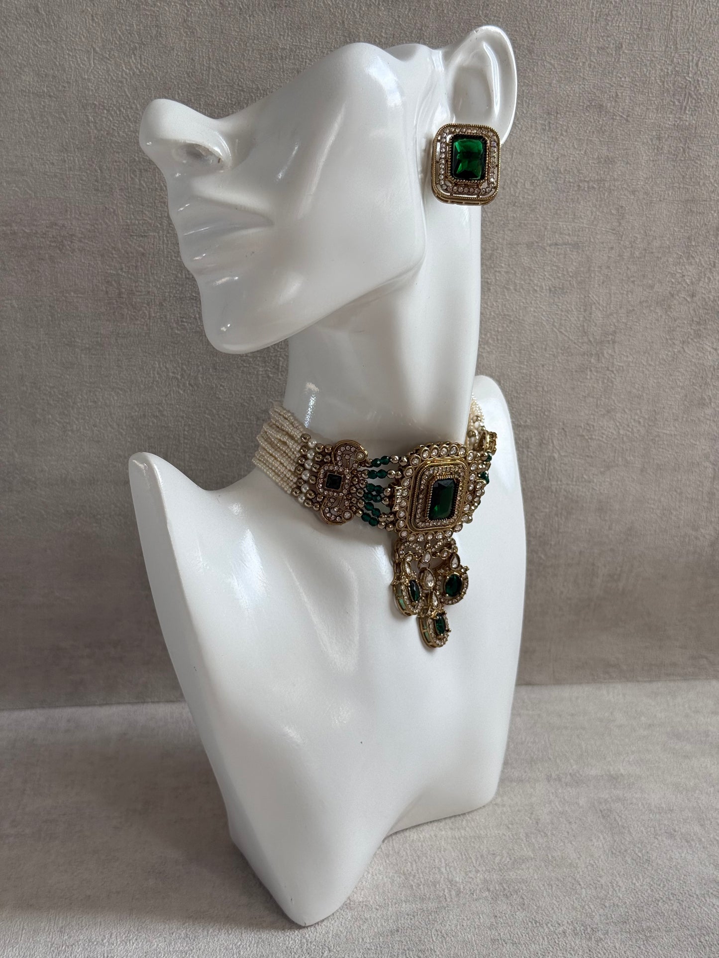 Ayura Designs Nabiha Choker Set with Studs – Emerald Green Stones, Pearl Detailing & Antique Gold Finish