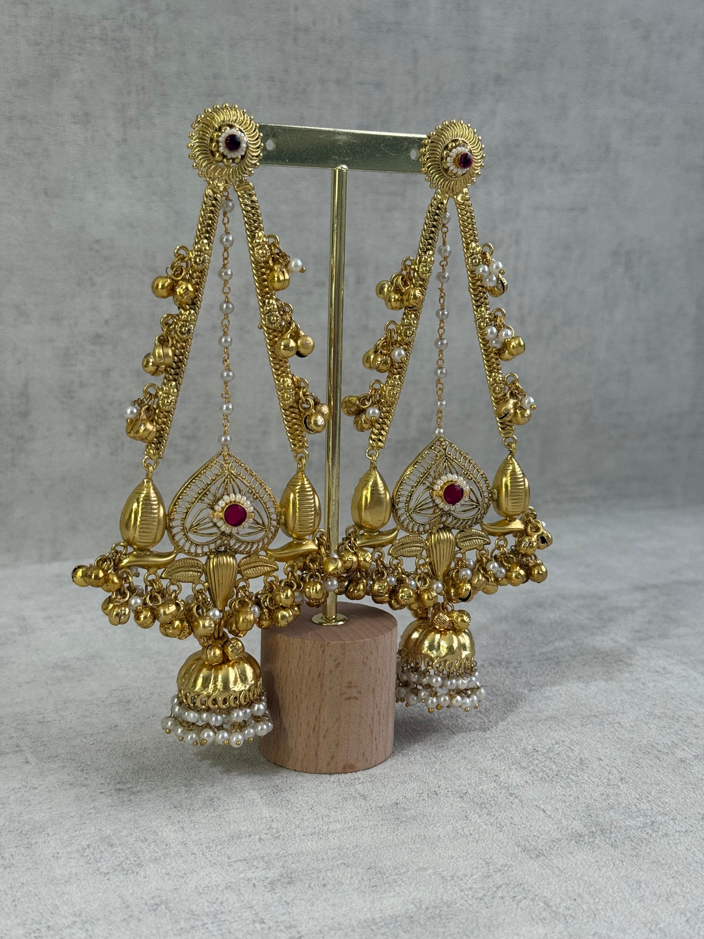 Ayura Designs Teja Earrings – Antique Gold Jhumkis with Ruby Stone & Pearl Detailing