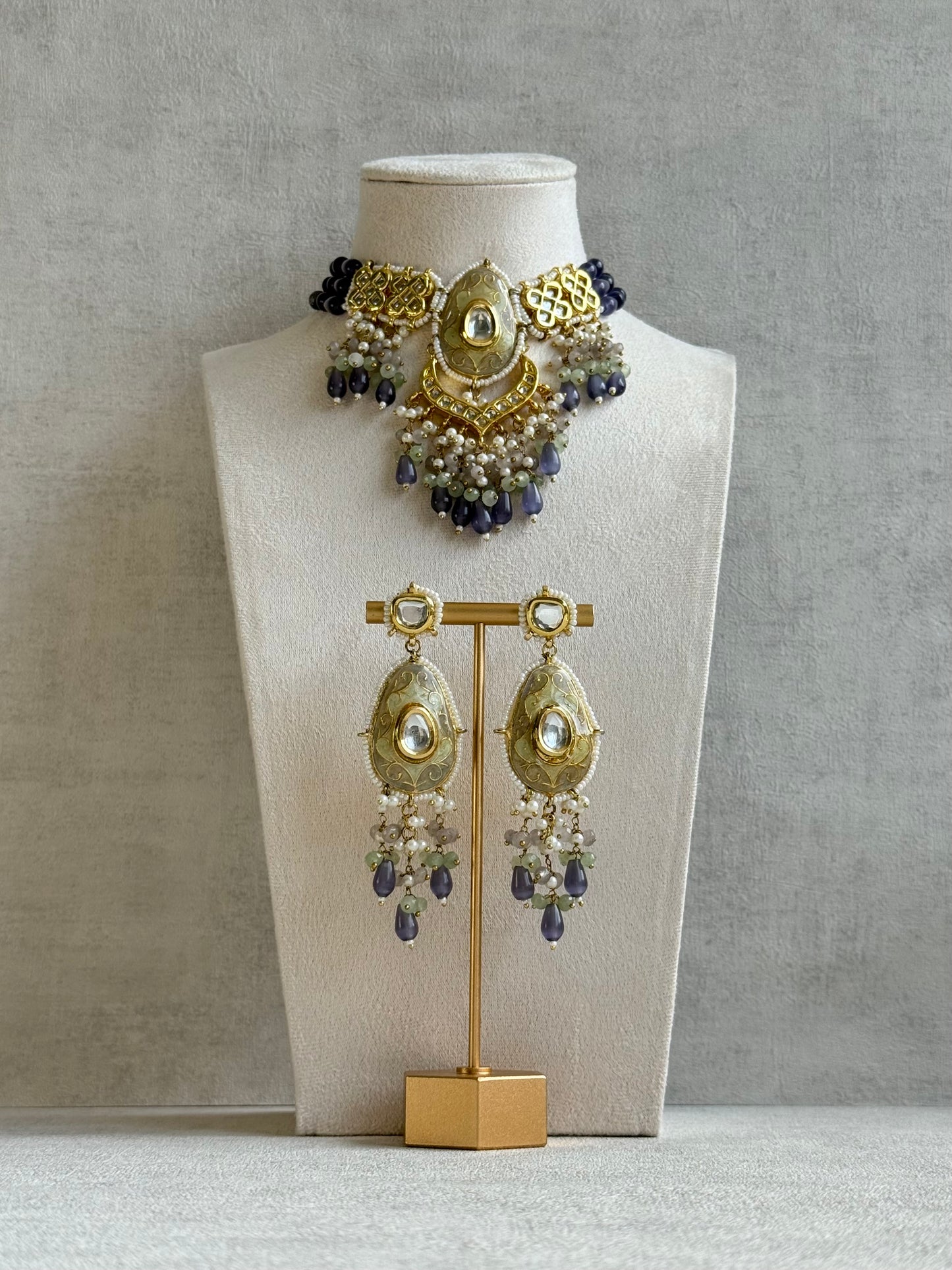 Ayura Designs Zarwali Meenakari Kundan Choker Set with Earrings – Dusty Lavender & Pearl Bead Detailing