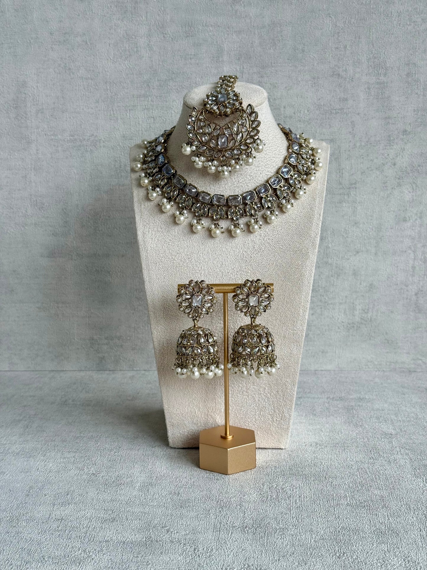 Ayura Designs Sufia Set – Antique Gold Necklace, Mirror-Cut Stones, Jhumkis & Tikka with Pearl Detailing