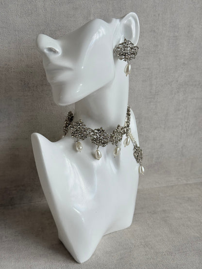 Ayura Designs Alina Choker Set with Earrings & Tikka – Silver Crystal Floral Choker with Pearl Drops