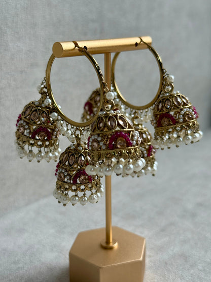 Ayura Designs Nakhra Balis – Fuchsia Triple Dome Earrings with Pearl Clusters & Mirror-Cut Detailing